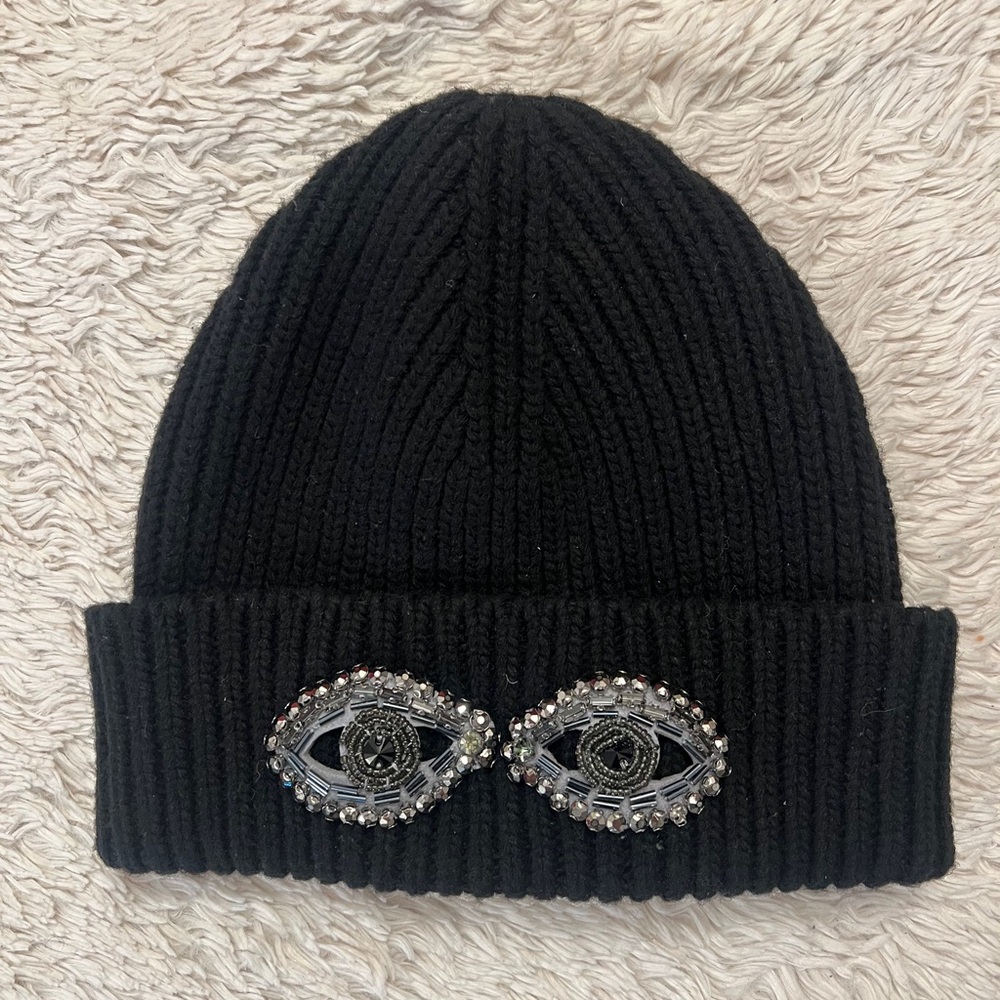 BCBG women’s black knitting skull cap with evil eye crystal bead appliqué